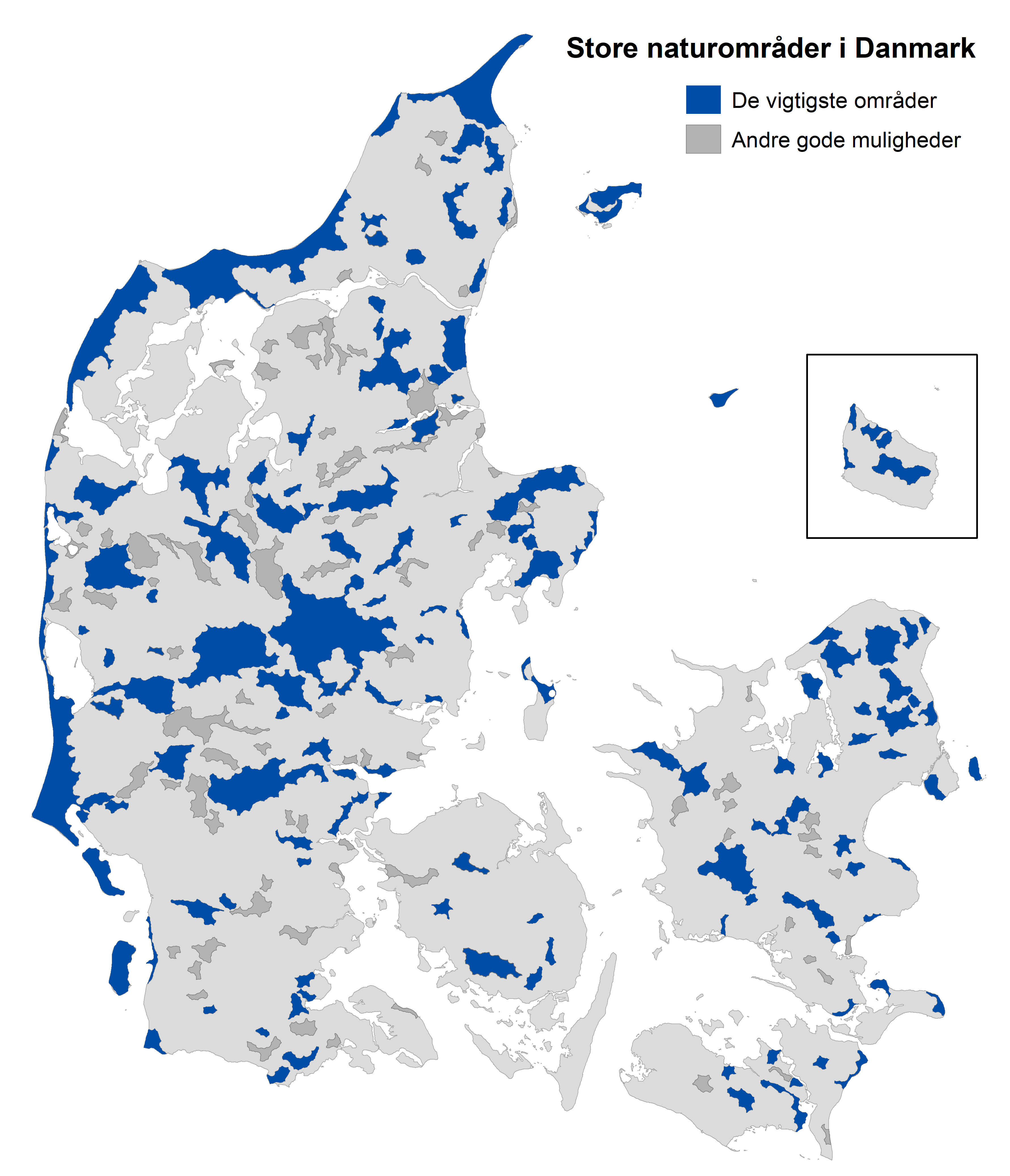 A graphic map of Denmark showing suggested location to create large natural areas.