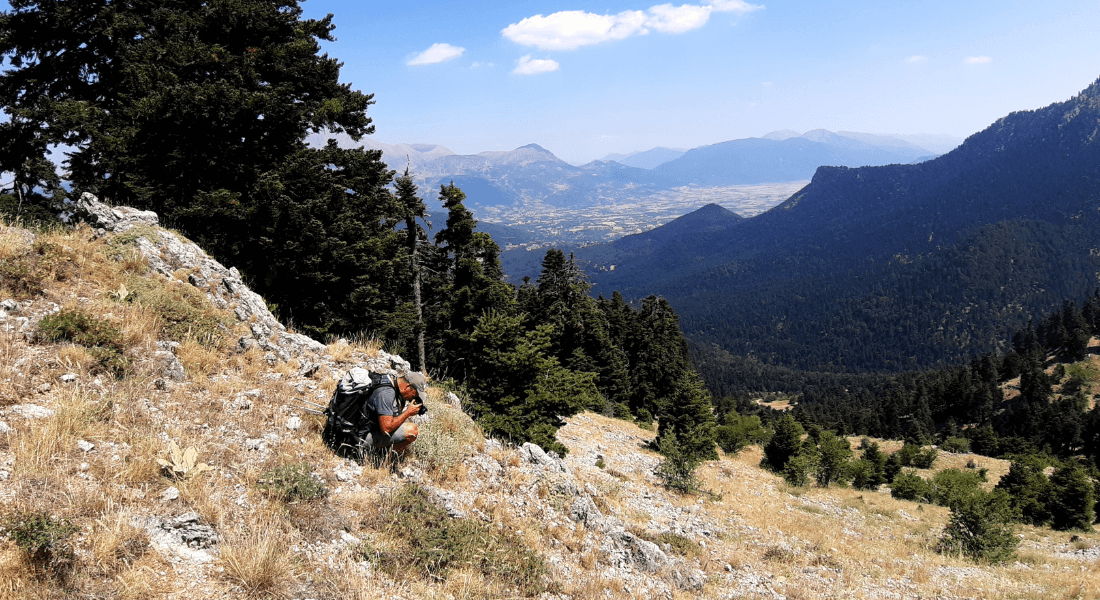 A researchers does fieldwork in the mountains of Greece.